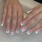 popxstar 24Pcs Pink French Style Fake Nails 3D Bowknot Designs Short Square Press on Nails Sweet Korean Fashion False Nail for Women Girl