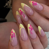 Popxstar  24Pcs Almond Fake Nails Yellow French Style Press on Nails Purple Flower Printed Full Cover Wearable Manicure for Woman Girls