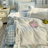 Popxstar  Korean Princess Style Double Layer Lace Flower Embroidery 100% Cotton Bedding Set Plaid Style Duvet Covers Bed Sheet Pillowcases