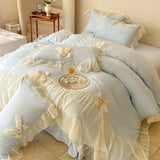 Popxstar French Princess Style Bedding Sets Ruffle Lace Bow Quilt Cover Romantic Wedding Bedclothes Decor Woman Girls Bedroom Duvet Cover