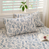 Popxstar Bed Sheet with Elastic Washed Cotton Blue Flower Printed Fitted Sheet Single/Queen/King Mattress Cover for Double Beds