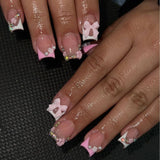 Popxstar 24Pcs Pink Square Head Fake Nails Press on Flower Bow Rhinestone Design Nails Set with Jelly Glue Wearable French False Nails