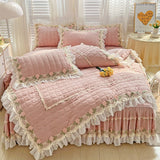 Pink Korean Princess Style Bedding Set Flowers Lace Ruffles Embroidery Quilted Thick Duvet Cover Bedspread Bed Skirt Pillowcases