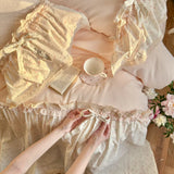 4Pcs Bedding Set French-Inspired, Girly, Princess-Style Bows and Lace Pink Duvet Cover Pillowcase Bedding Full Set Double Bed