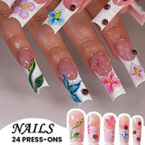 Popxstar 24Pcs Pure White French Press on Nails Long Square Head False Nails with Pearl Pink Bow Design Ballet Wearable Fake Nails