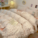 Popxstar  4Pcs Vintage French Fresh Floral Lace Ruffles 100% Cotton Bedding Set Duvet Cover Bed Skirt/Bed Sheet/Fitted Sheet Pillowcases