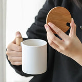 Popxstar  310ML Ceramic Coffee Mug with Wooden Handle & Lid Milk Cup Couple's Mug Office Kitchen Water Cup Drinkware Gift Box Set