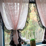 Romantic French Pink Jacquard Sheer Lace Floral Curtains Black Lacework for Bedroom Elegant Living Room Decoration