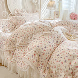 Popxstar  Floral Lace Ruffles 100% Cotton Double Yarn Soft Bedding Set Duvet Cover Quilted Bedspread Bed Skirt Bed Sheet Set Pillowcases
