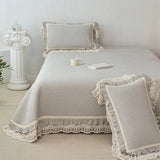 Popxstar  80% Cotton 20% Linen Soft Comfortable Quilted Bedspread, Lace Ruffles Bed Cover, Mattress Topper, Bed Sheet, Pillowcases 3Pcs