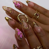 Popxstar 24Pcs Pink Almond False Nails Butterfly Ballet with French Design Wearable Fake Nails Simple Artificial Press on Nails Tips Art