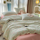Popxstar INS Girls Cherry Soft Bedding Set Washed Cotton Bed Sheet Queen King Size Duvet Set Flower Comforter Set Pillowcase Bed Linens