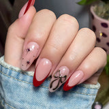 Popxstar  24pcs Love Bow Design Press on Nails Sweet Red Long Almond Fake Nails Tips Reusable Simple Star Valentine's Day False Nail Sets