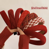 Popxstar French Red Velvet Headband Women Girls Christmas Twist Plaid Tweed Hairband Vintage Swallow Gird Sponge Hair Hoop Headwear Gift