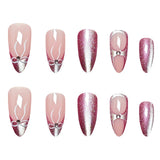 Popxstar  Pink Purple Almond French Fake Nails 24Pcs Glossy Cat's Eyes Press On Nails Bowknot Decor Reusable False Nails Art for Manicure