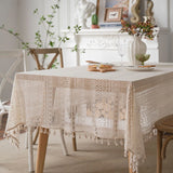Popxstar Beige Polyester Cotton Tablecloth, Monochromatic, Crochet Hollowed Out, Broom Tassels, American Rural Style, Tablecover