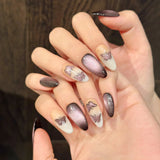 Popxstar  10pcs Purple Handmade Press on Nails Set Gradient Cat's Eye Mid-length Square Fake Nail Tip Butterfly Design Stick on False Nail