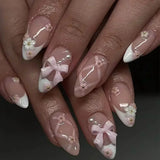 Popxstar 24Pcs White Almond False Nails Ballet with French Design Wearable Fake Nails Gradient Simple Full Cover Press on Nail Tips Art