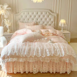 popxstar 4/6Pcs Pink Princess Wedding Lace Embroidery Korean Style Bedding Set King Queen Size Duvet Cover Bed Skirt Bedspread Pillowcase