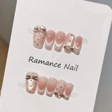 Popxstar  10Pcs Handmade Press On Nails Nude Pink Color Ballet Fake Nails Glossy Cat's Eyes Designs Full Cover False Nails Bowknot Decor