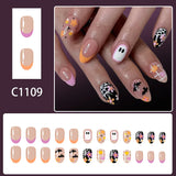 Popxstar  Halloween Nails Press On 24Pcs Short Oval Shaped Fake Nails White Ghost/Flower/Bat/Spider/Web/Pumpkin Designs False Nails Art