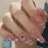 Popxstar 24Pcs Three-dimensional Love Heart False Nails with French Design Long Coffin Wearable Fake Nails Rhinestone Press on Nails Tips