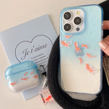 Popxstar  Clear Blue Gradient Koi Fish Gloss Mobile Phone Protective Case For iPhone 12 13 14 15 Pro Max Coque For iPhone 16 Pro Max Cover