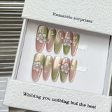 Popxstar  Gradient Pink/Green Fake Nails 10Pcs Handmade Press On Nails 3D Flower Designs Long Almond False Nails Patches for Manicure