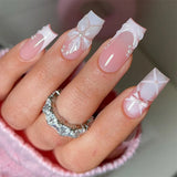 Popxstar  24Pcs Long Coffin Fake Nails Sweet Pink Ballet Press On Nails French Tips Ballerina False Nails Flower Bowknot Pearls Designs