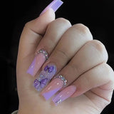 Popxstar 24Pcs Coffin False Nails Purple Butterfly Designs Fake Nails with Shiny Rhinestone Wearable French Full Cover Press on Nails