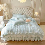 popxstar 4/6Pcs Pink Princess Wedding Lace Embroidery Korean Style Bedding Set King Queen Size Duvet Cover Bed Skirt Bedspread Pillowcase