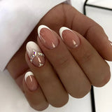 Popxstar  French Fake Nails Stick-on Long Ballet Pink False Nails with Rhinestone Designs Full Cover Acrylic Press on Nails for Women Girl