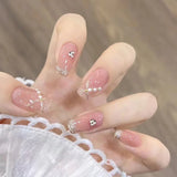 Popxstar  French Fake Nails Stick-on Long Ballet Pink False Nails with Rhinestone Designs Full Cover Acrylic Press on Nails for Women Girl