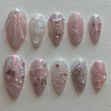 Popxstar 24pcs White French Fake Nails Almond 3D Pink Bow Flower Design Reusable Press on False Nails Butterfly Pearl Wearable Manicure