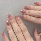 Popxstar 24Pcs Three-dimensional Love Heart False Nails with French Design Long Coffin Wearable Fake Nails Rhinestone Press on Nails Tips