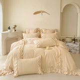 Popxstar Korean Princess Style Lace Ruffles Bedding Set Solid Color Duvet Cover Set Flat/Fitted Bed Sheet Pillowcases With Pillowcases
