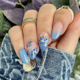 Popxstar 24pcs Romantic Y2k Star Press On Nails Gradient Blue French Style Gold Moon Designs Fake Nail Sweet Almond False Nails For Women