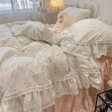 Popxstar  3/4Pcs Korean Princess Style Floral Lace Ruffle 100% Cotton Bedding Set Duvet Cover Bed Skirt/Bed Sheet/Fitted Sheet Pillowcases