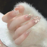 Popxstar 24pcs Red Ballet False Nails Butterfly Fake Nail Glitter Short with Rhinestone French Design Full Cover Press on Nails Tips Art