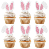 Popxstar  24Pcs Glitter Bunny Ears Cupcake Toppers Rabbit Theme Birthday Cupcake Pick for Kids Bunny Baby Shower Spring Easter Cake Decors