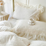 Popxstar  Romantic Lace Ruffles Princess Style Bedding Set Carved Velvet Warm Winter Duvet Cover Flat/Fitted Bed Sheet Pillowcases 4Pcs