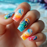 Popxstar  24pcs Colorful Fake Nails Press on Sets Summer Seaside Pattern Design Full Cover Nails Tips Datachable False Nail Art Finished