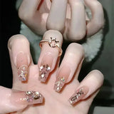 Popxstar 24Pcs Three-dimensional Love Heart False Nails with French Design Long Coffin Wearable Fake Nails Rhinestone Press on Nails Tips