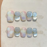 10pcs Rose Girl Press on Nails Sweet Pearl Bowknot False Nails Cat Eye Gold Foil Acrylic Fake Nails French Short Square Nail Art