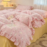Popxstar  Princess Style Bedding Sets Ruffle Lace Bow Quilt Cover Romantic Bedclothes Decor Woman Girls Bedroom Duvet Cover 4pcs