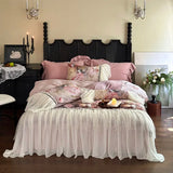Popxstar  600TC Egyptian Cotton Thickened Brushed Rose Print Lace Ruffles Bedding Set Duvet Cover Flat/Fitted Bed Sheet Pillowcases 4Pcs