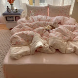 Popxstar  New small floral cloud wrinkle double yarn bed four-piece set princess lace quilt cover three-piece bed sheet set