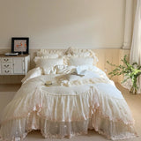 Popxstar  4Pcs Romantic Double Layer Lace Princess Wedding Bedding Set 100% Cotton Duvet Cover Bed Sheet Or Quilted Bedspread Pillowcases