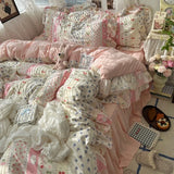 Popxstar 3/4Pcs Korean Princess Style Floral Ruffles Bedding Set Skin-friendly Soft Duvet Cover Set Bed Sheet Or Bed Skirt Pillowcases