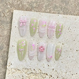 Popxstar  10Pcs French Almond Handmade Press on Nails Fake Nails with Cherry Pattern Wearable Stick-on Nails False Nail